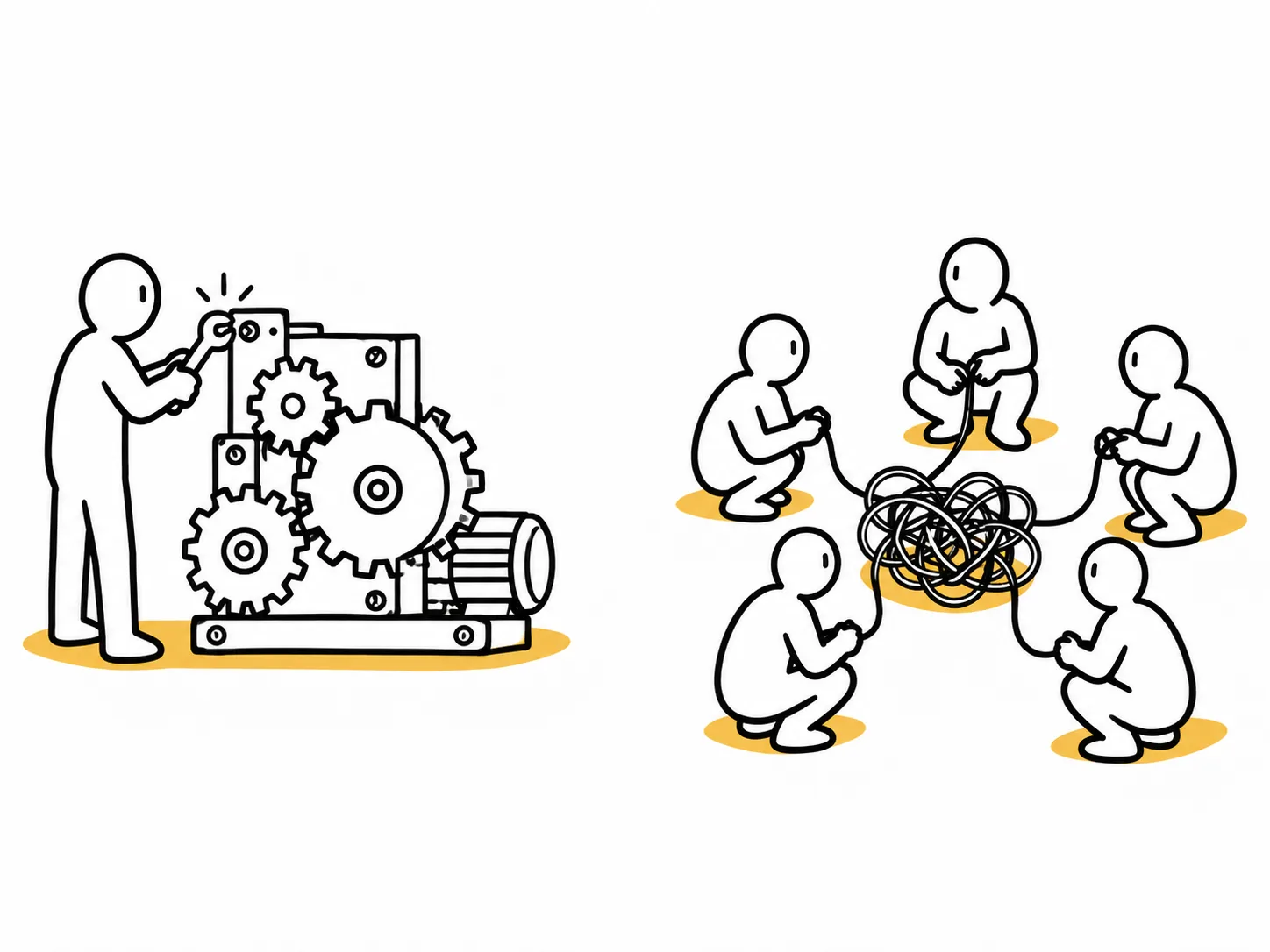 Illustration : à gauche un expert répare une machine à engrenages, à droite cinq personnes démêlent ensemble un nœud